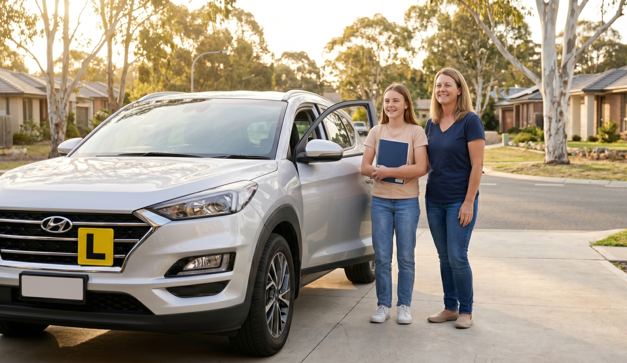A-parent-and-a-teenage-daughter-stand-confidently-next-to-a-car-with-a-prominent-L-plate-in-a-Canberra-driveway-ready-for-supervised-driving
