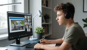 
A-teenage-male-wearing-a-headset-is-engaged-in-a-remote-learning-class-on-his-desktop-computer-representing-the-online-ACT-Pre-Learner-Licence-Course