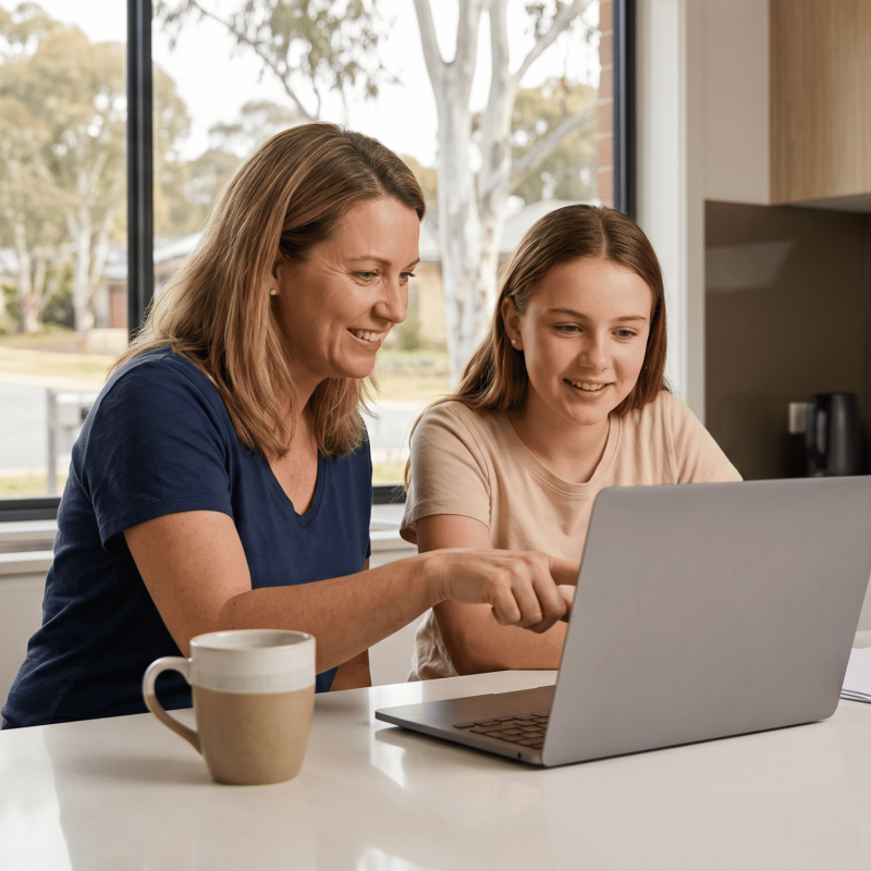 A smiling mother and her teenage daughter review information on a laptop together in a modern Canberra home kitchen, planning for the Pre-Learner Licence Course.