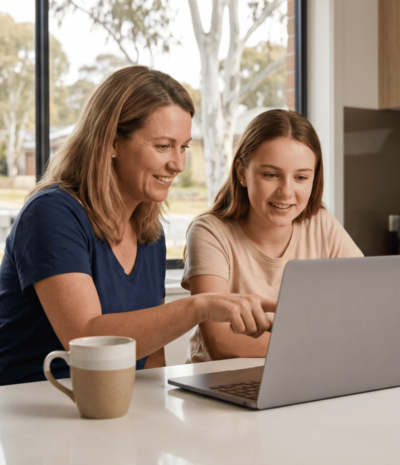 A smiling mother and her teenage daughter review information on a laptop together in a modern Canberra home kitchen, planning for the Pre-Learner Licence Course.