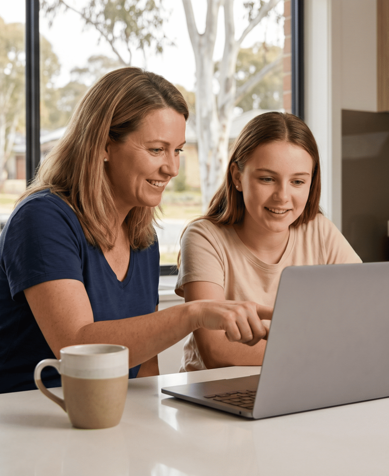 A smiling mother and her teenage daughter review information on a laptop together in a modern Canberra home kitchen, planning for the Pre-Learner Licence Course.