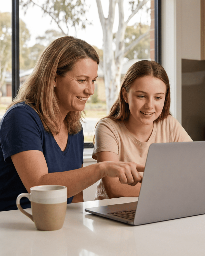 A smiling mother and her teenage daughter review information on a laptop together in a modern Canberra home kitchen, planning for the Pre-Learner Licence Course.